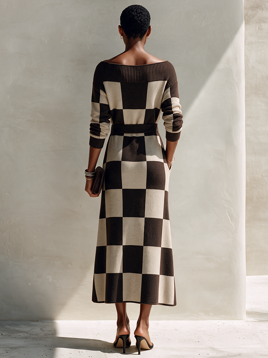 Women's Off-Shoulder Checkered Knit Maxi Dress MDZ0361I0ZRK
