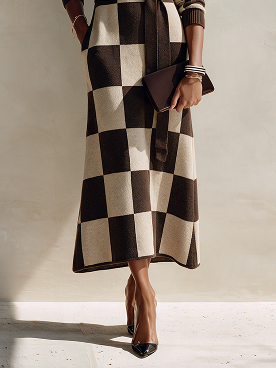 Women's Off-Shoulder Checkered Knit Maxi Dress MDZ0361I0ZRK