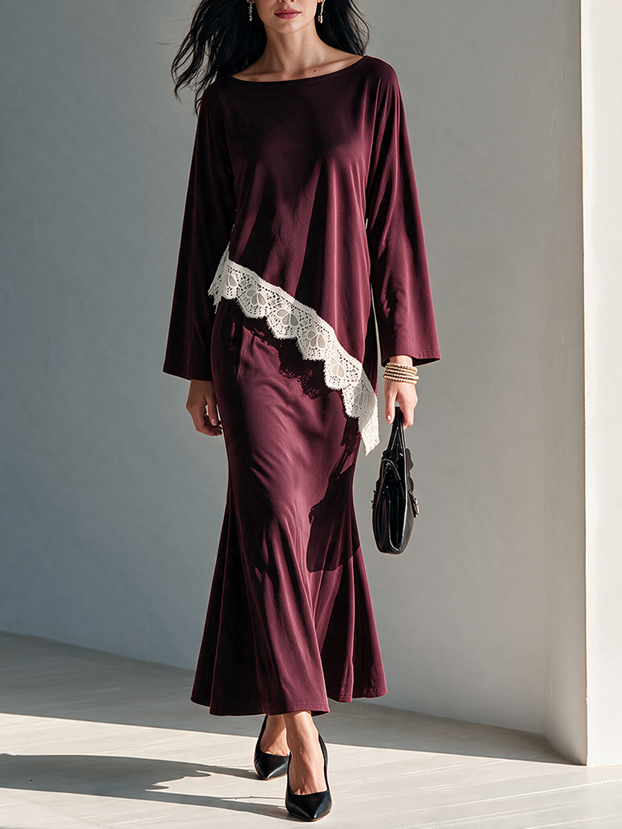 Women's Elegant Lace-Trimmed Burgundy Knit Skirt Set MDZ0325I5ZRK