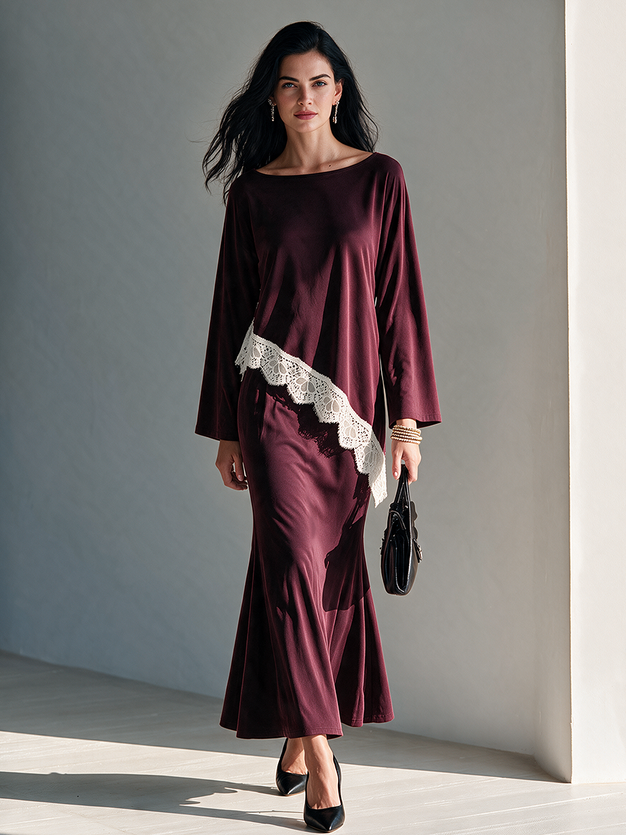 Women's Elegant Lace-Trimmed Burgundy Knit Skirt Set MDZ0325I5ZRK