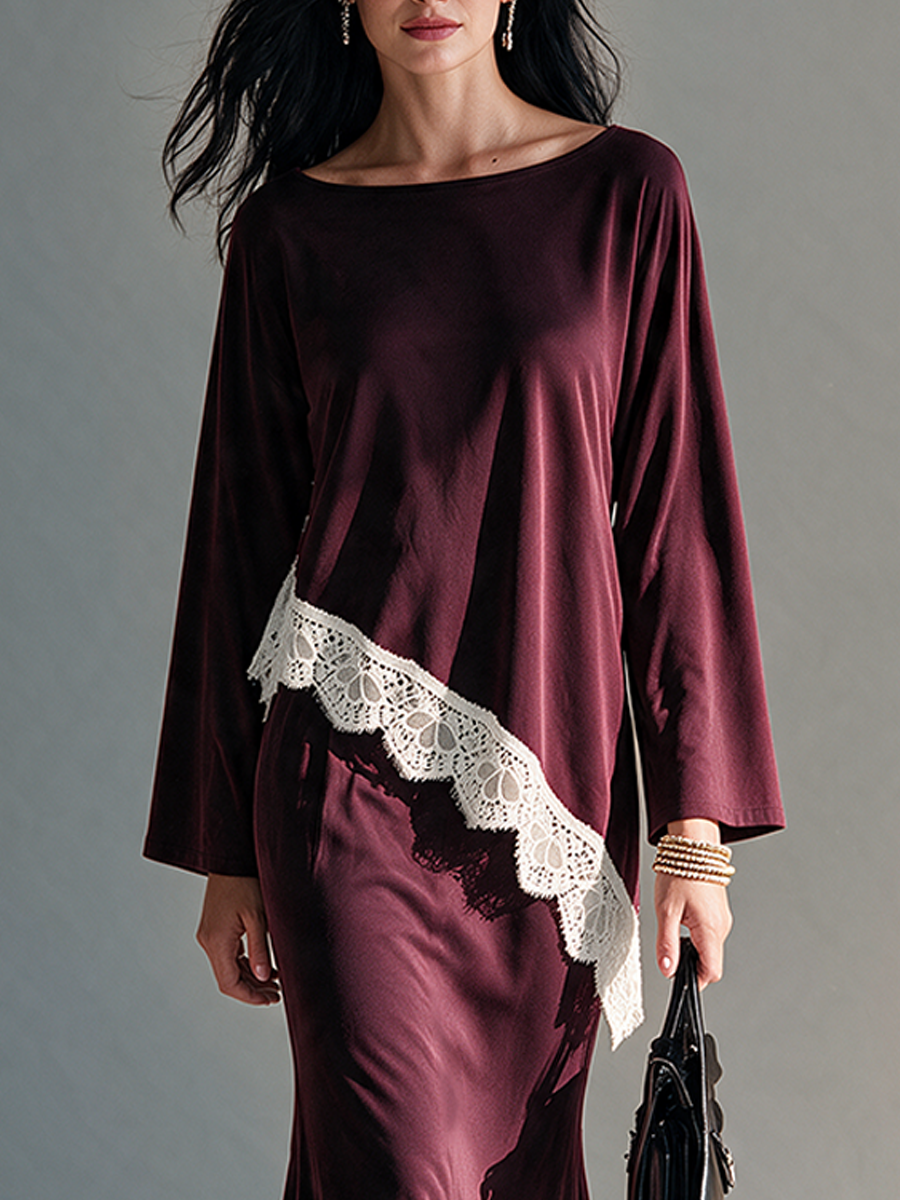 Women's Elegant Lace-Trimmed Burgundy Knit Skirt Set MDZ0325I5ZRK