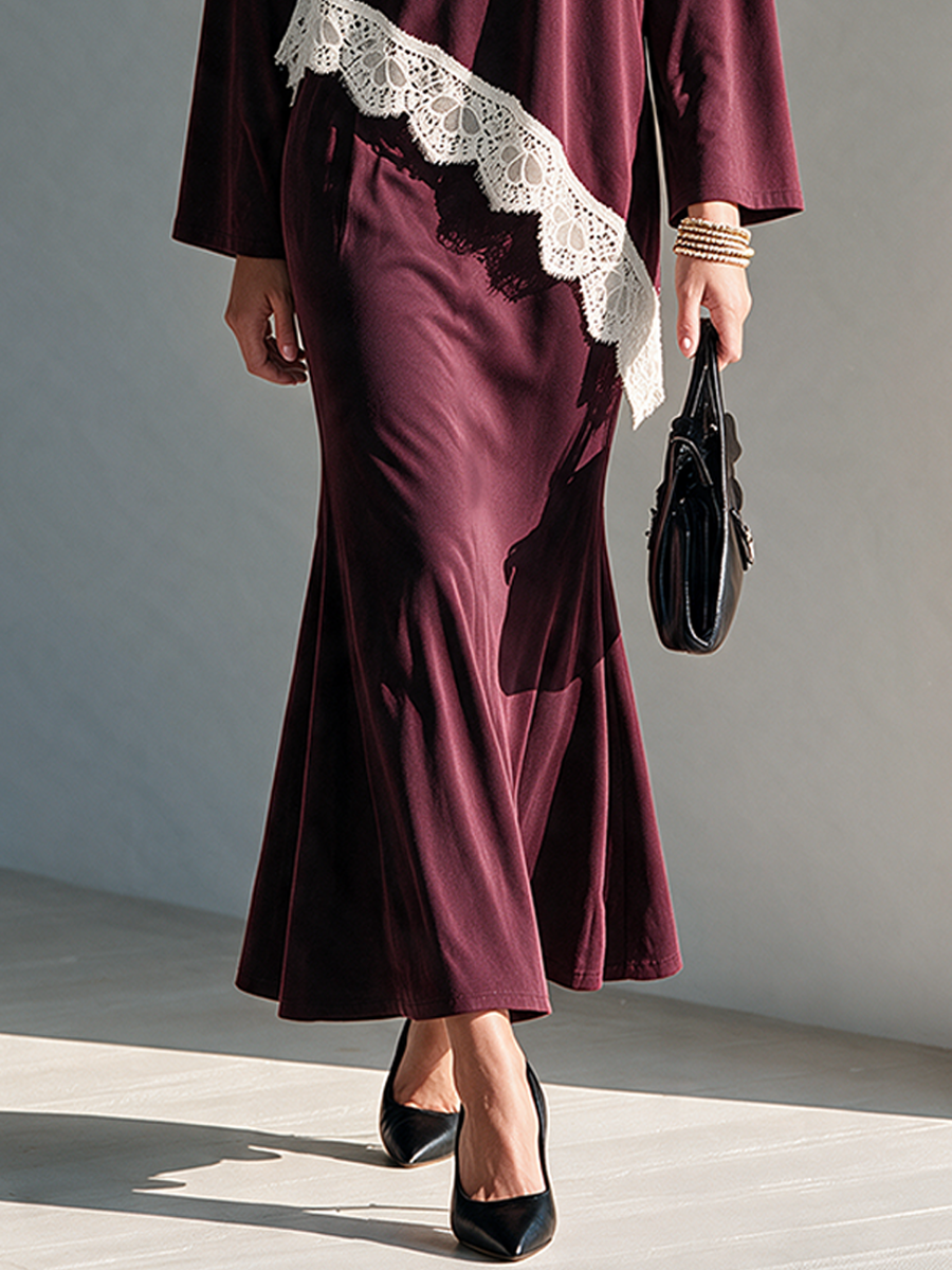 Women's Elegant Lace-Trimmed Burgundy Knit Skirt Set MDZ0325I5ZRK