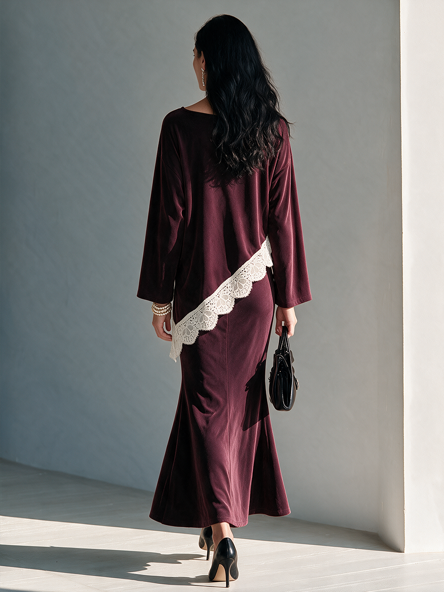 Women's Elegant Lace-Trimmed Burgundy Knit Skirt Set MDZ0325I5ZRK