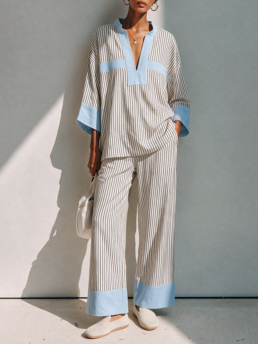 Women's Color-Blocked Striped Cotton Blend Set MDZ0347I4ZRK