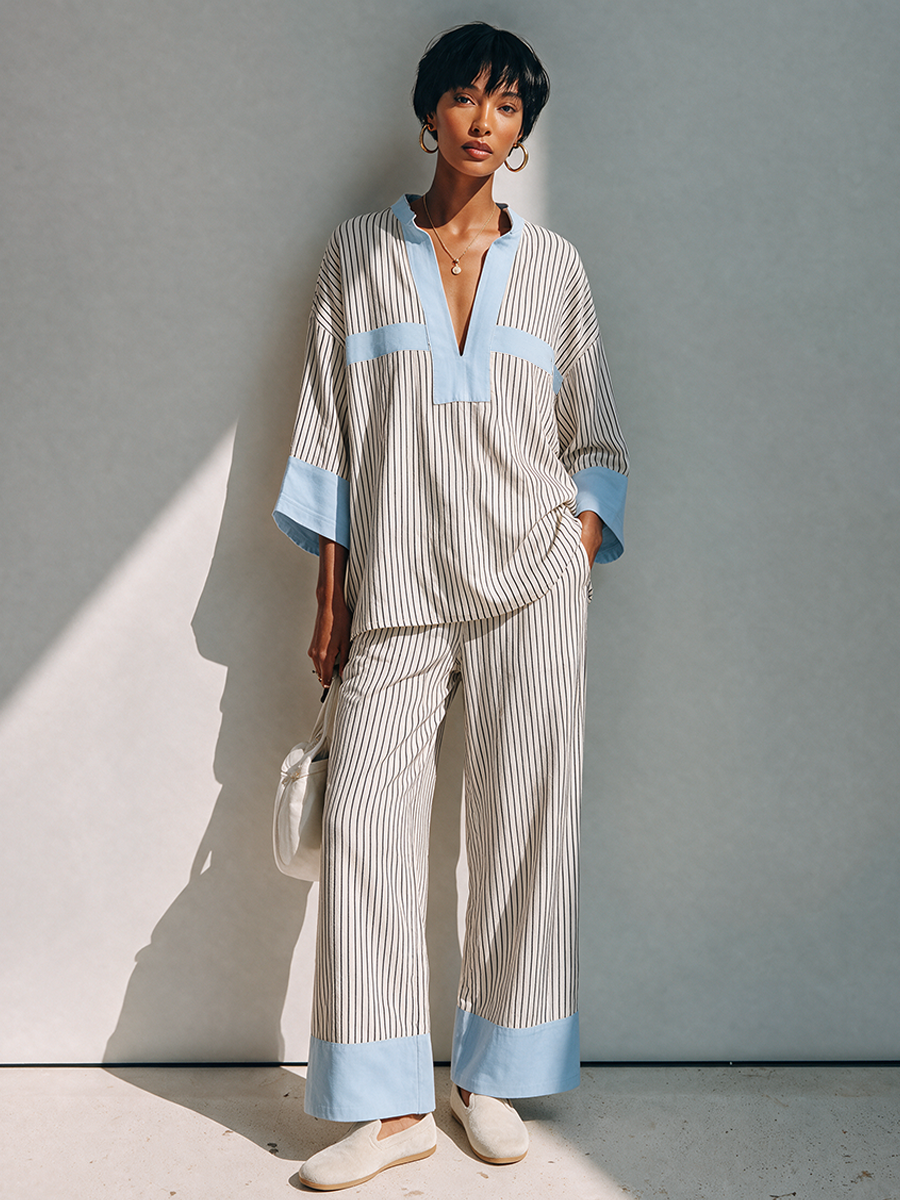 Women's Color-Blocked Striped Cotton Blend Set MDZ0347I4ZRK