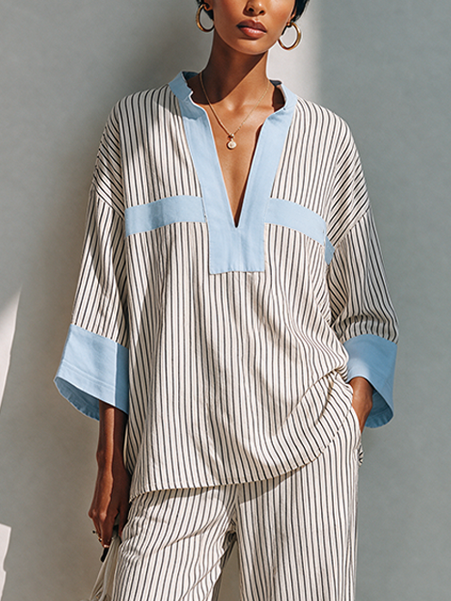 Women's Color-Blocked Striped Cotton Blend Set MDZ0347I4ZRK