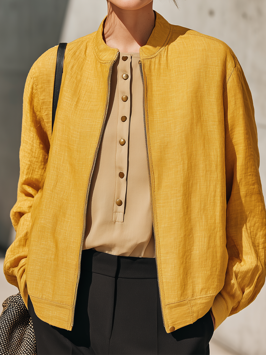 Women's Linen Blend Zip Front Yellow Jacket MDZ0315I6YZJ