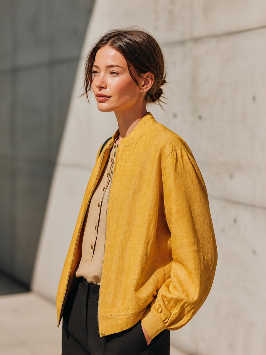 Women's Linen Blend Zip Front Yellow Jacket MDZ0315I6YZJ