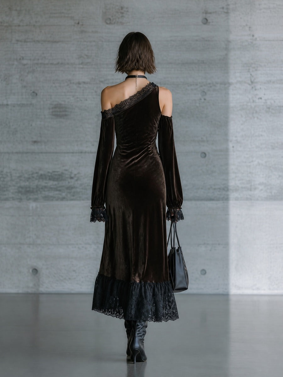 Women's Off Shoulder Velvet Lace Trim Black Dress MDZ0350I2YZJ