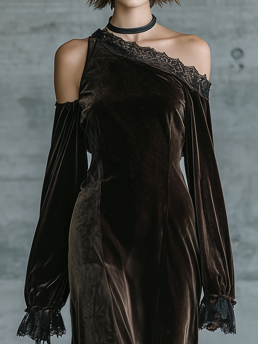 Women's Off Shoulder Velvet Lace Trim Black Dress MDZ0350I2YZJ