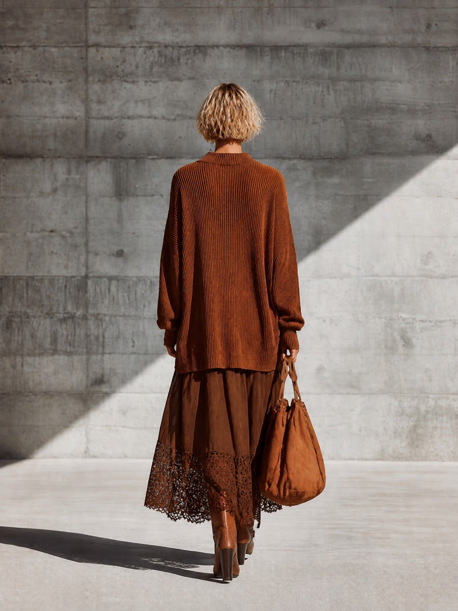 Women's Oversized Knit Brown Lace Hem Skirt Set MDZ0320I9YZJ