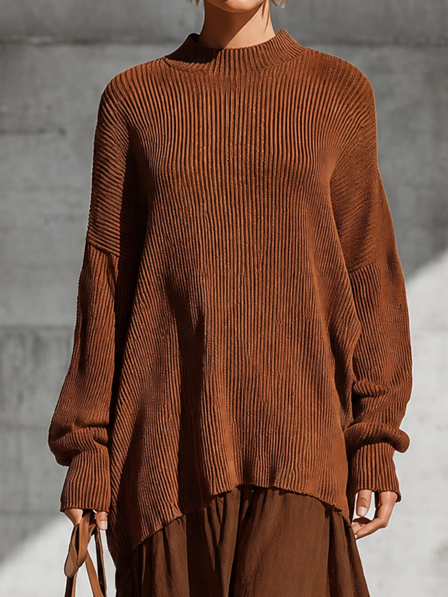 Women's Oversized Knit Brown Lace Hem Skirt Set MDZ0320I9YZJ