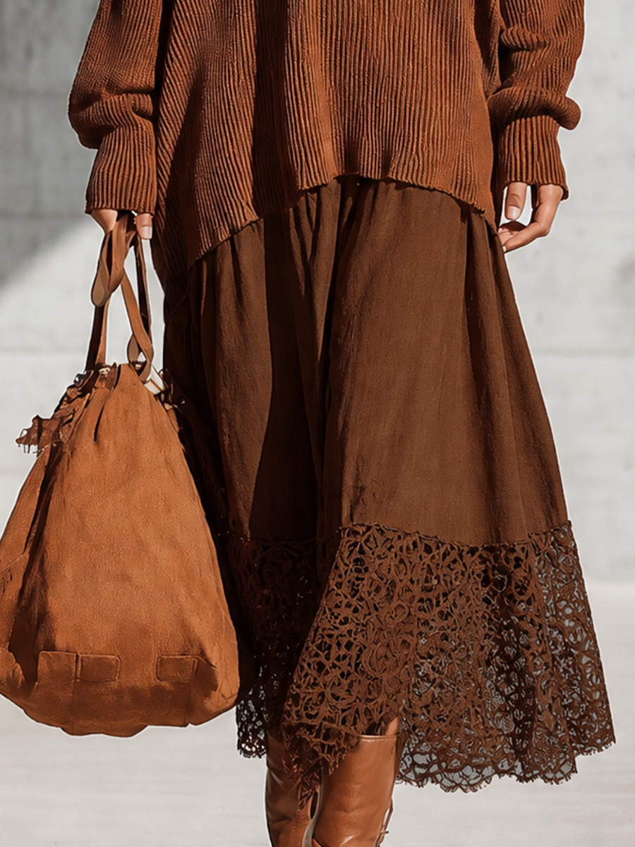 Women's Oversized Knit Brown Lace Hem Skirt Set MDZ0320I9YZJ