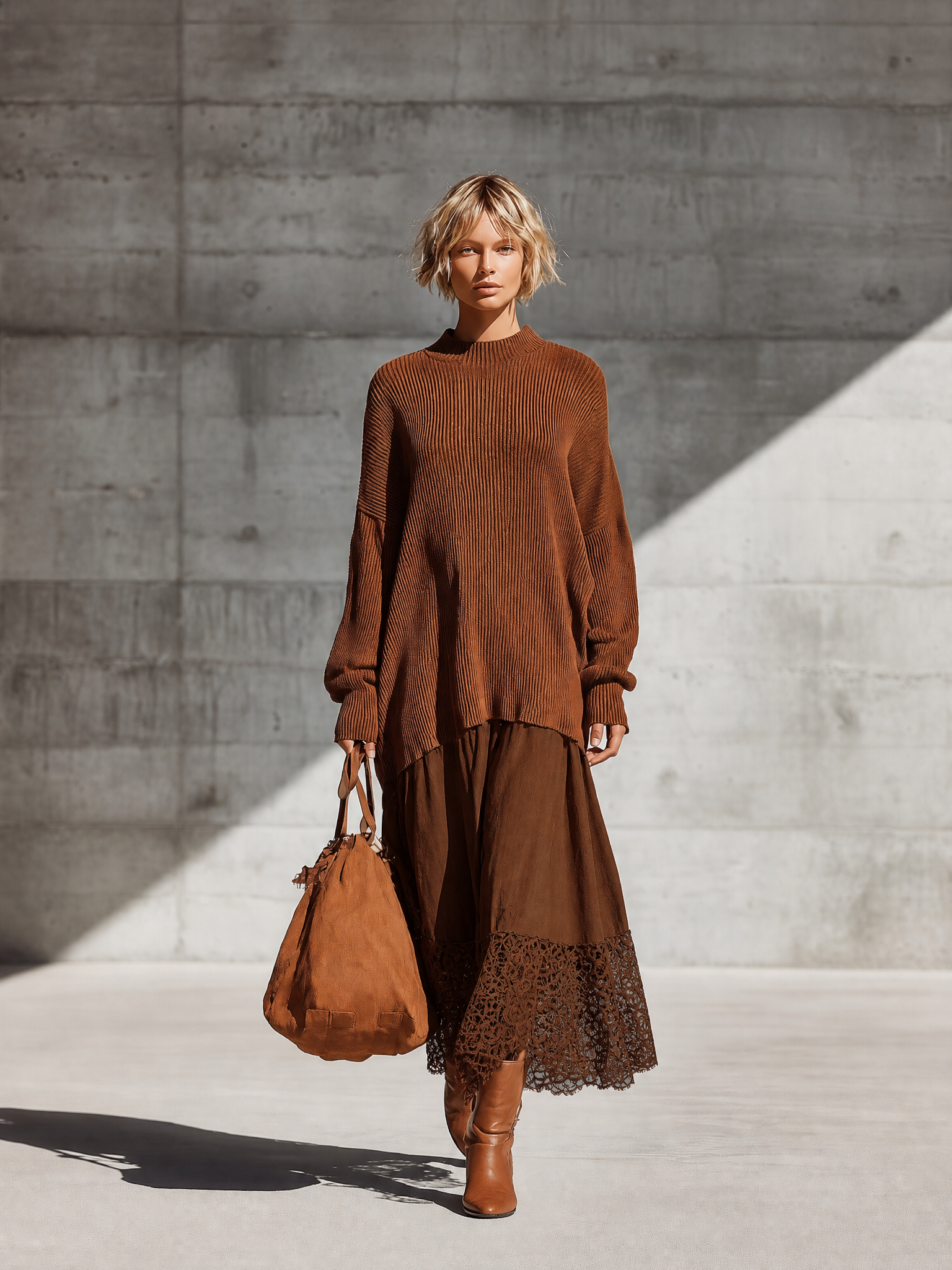 Women's Oversized Knit Brown Lace Hem Skirt Set MDZ0320I9YZJ