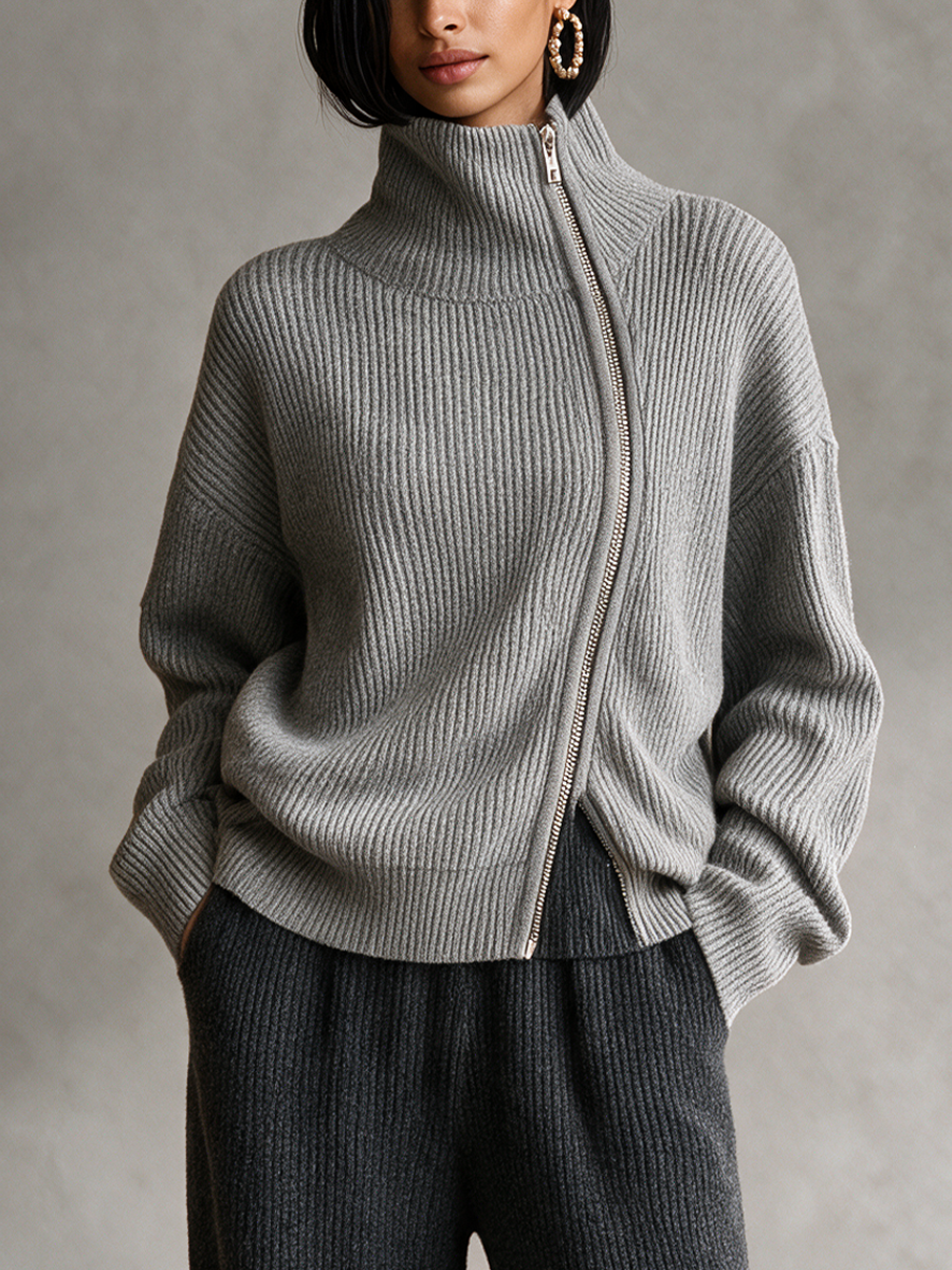 Women's Grey Diagonal‑Zip Funnel Neck Knit Sweater MDZ0365I7R