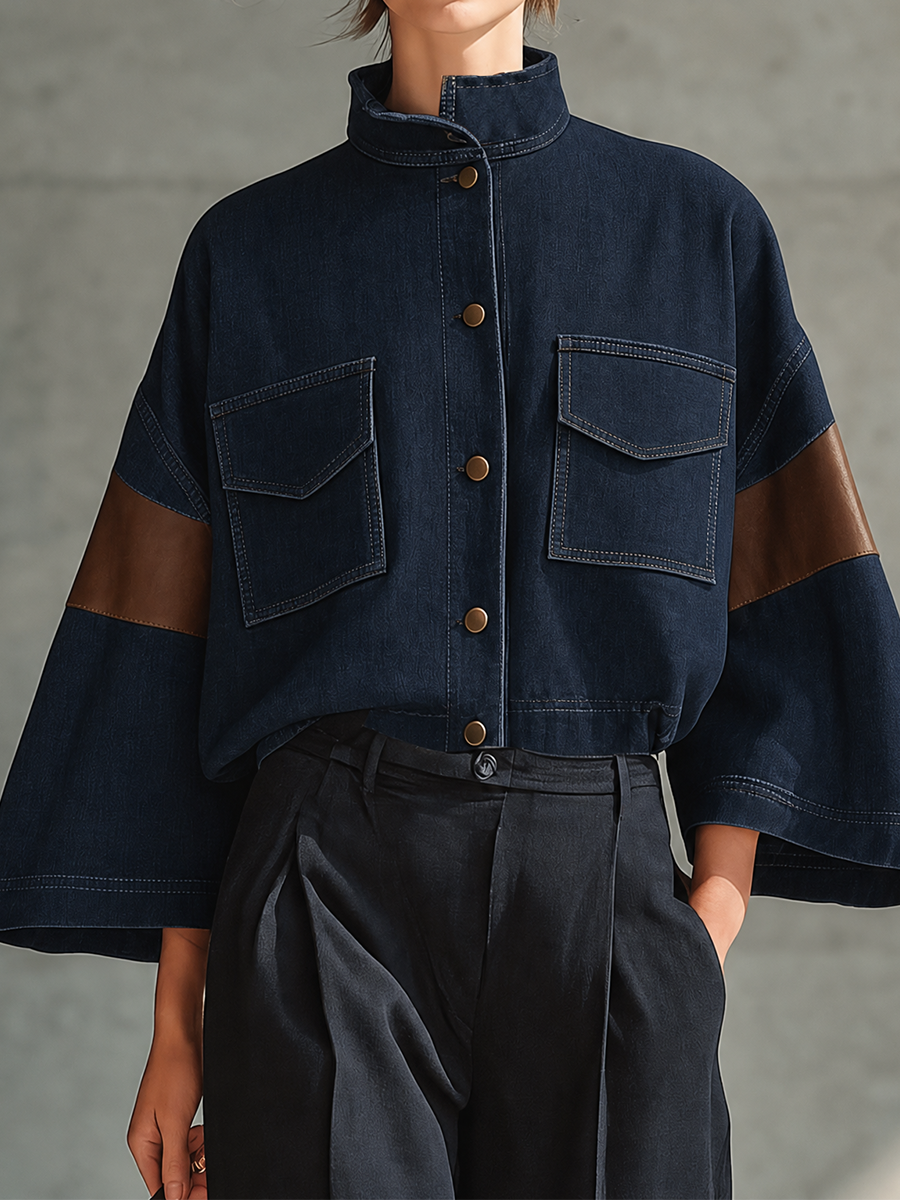 Women's Contrast Sleeve Utility Navy Denim Jacket MDZ0332I0YZJ