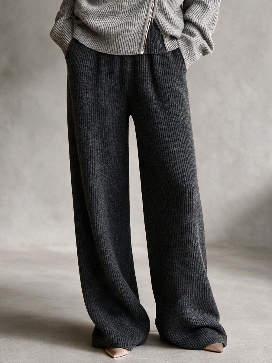 Women's Dark Grey Rib‑Knit Elastic Waist Wide‑Leg Trousers MDZ0311I2R