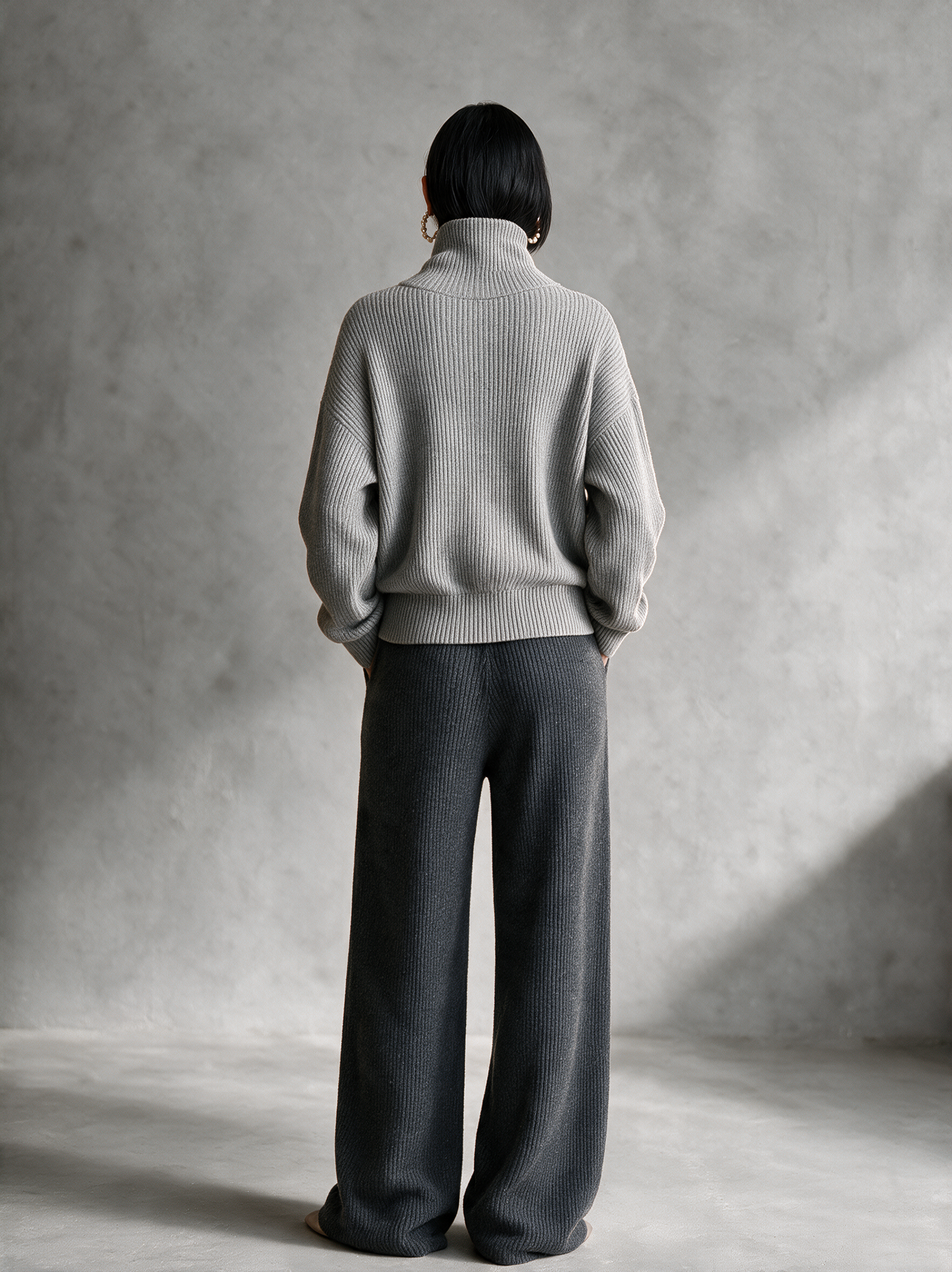 Women's Dark Grey Rib‑Knit Elastic Waist Wide‑Leg Trousers MDZ0311I2R