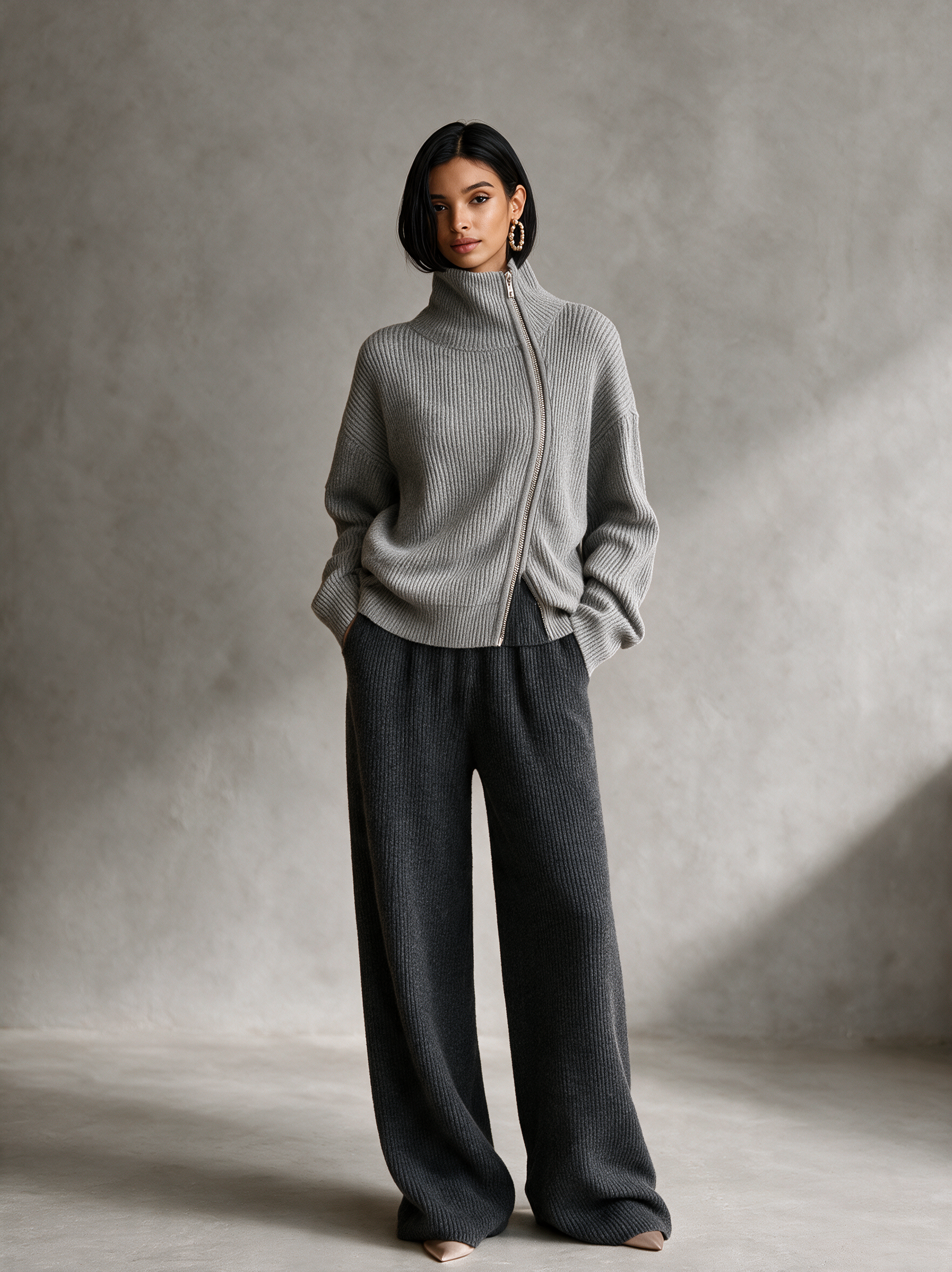 Women's Dark Grey Rib‑Knit Elastic Waist Wide‑Leg Trousers MDZ0311I2R