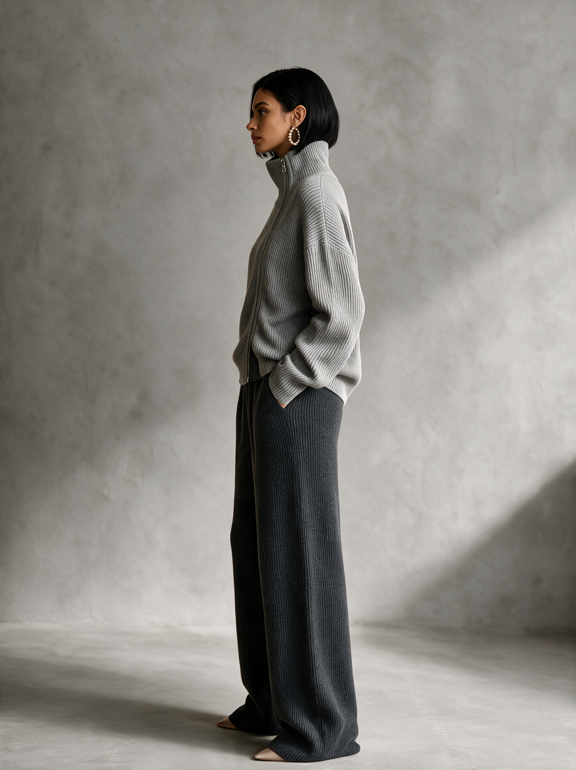 Women's Dark Grey Rib‑Knit Elastic Waist Wide‑Leg Trousers MDZ0311I2R