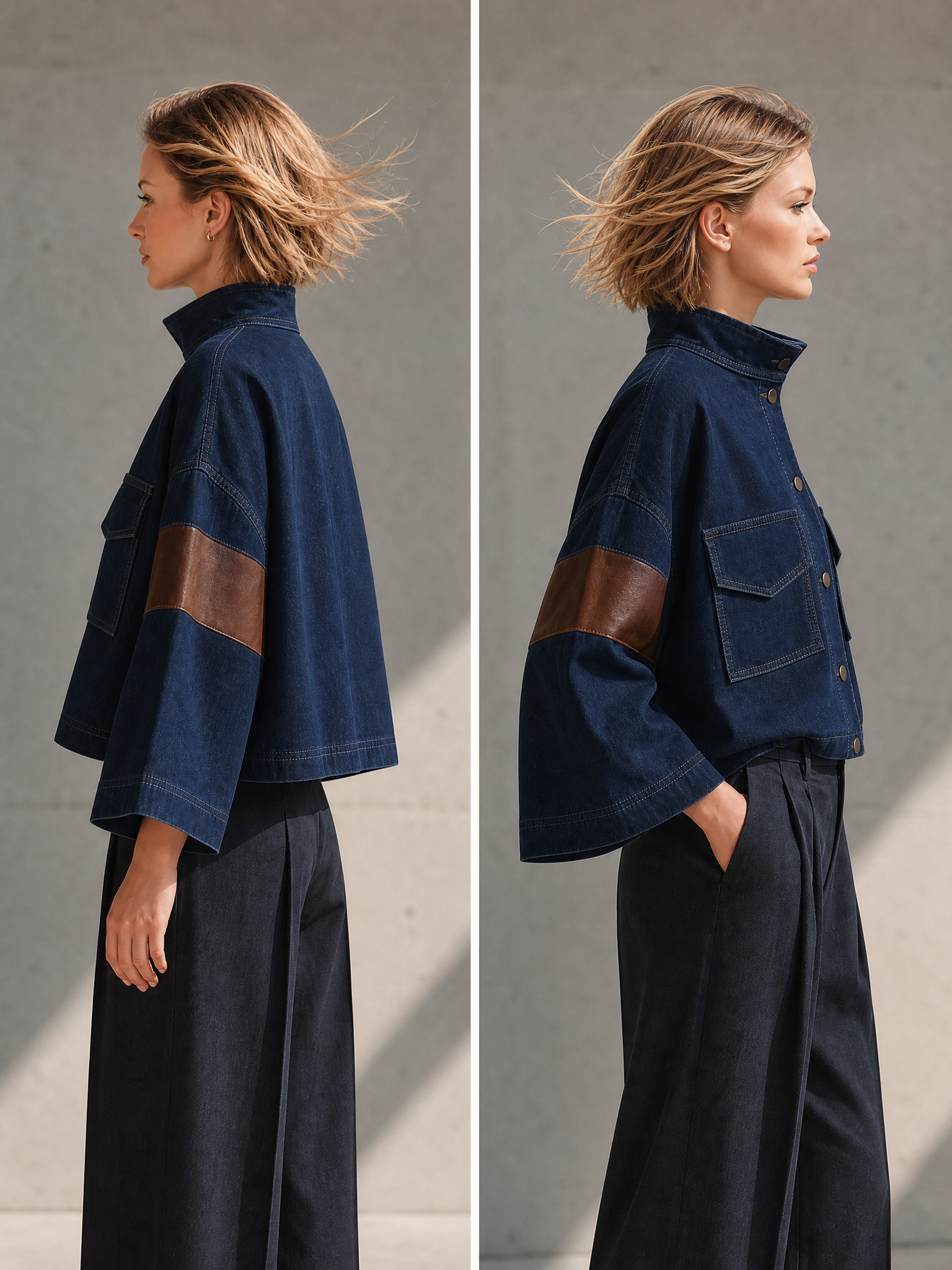 Women's Contrast Sleeve Utility Navy Denim Jacket MDZ0332I0YZJ