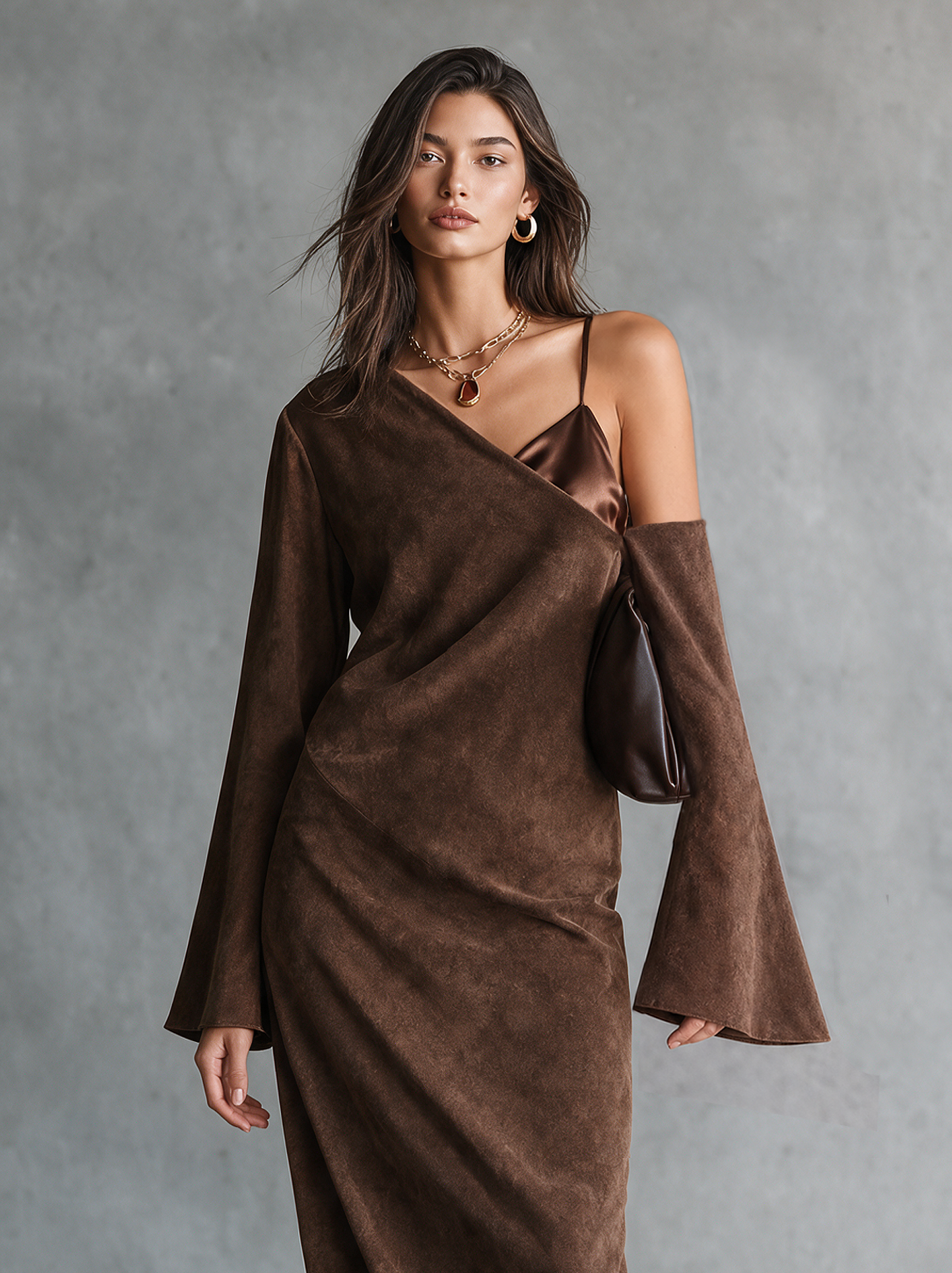 Women's Elegant Suede Dress Splicing Satin Camisole-Style Bodice And One-Shoulder Detail MDZ0300I4WY