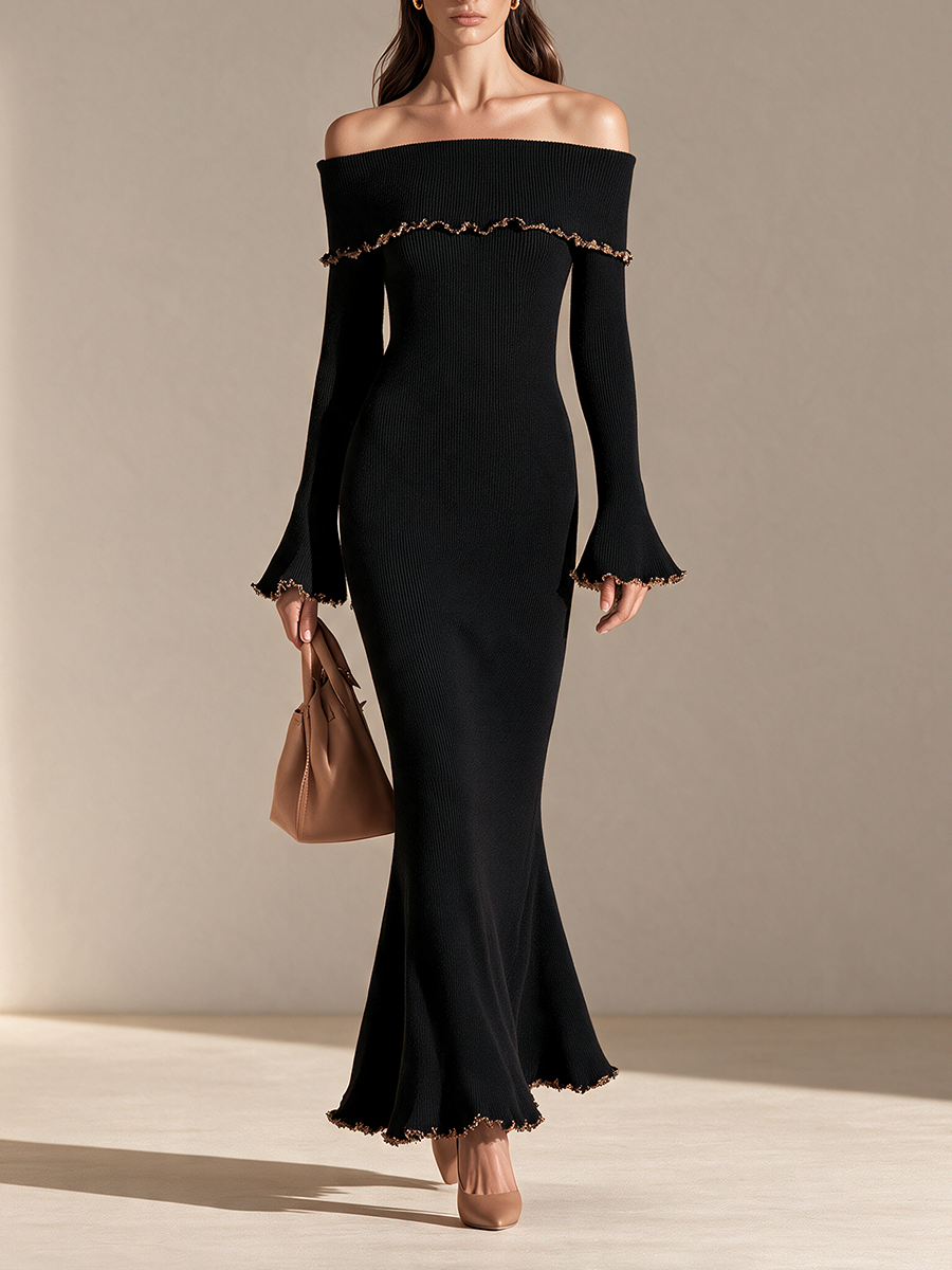 Women's Off-Shoulder Foldover Flare-Sleeve Frill-Trim Fishtail Knit Maxi Dress MDZ0303I9CMX