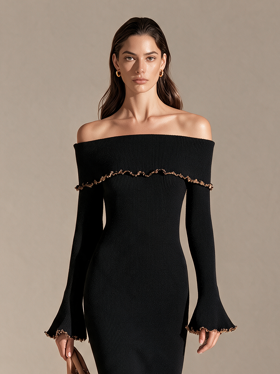 Women's Off-Shoulder Foldover Flare-Sleeve Frill-Trim Fishtail Knit Maxi Dress MDZ0303I9CMX