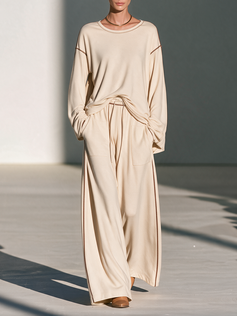 Women's Round-Neck Topstitch Drop-Shoulder Long-Sleeve Top And Drawstring Wide-Leg Pants Set MDZ0310I7CMX