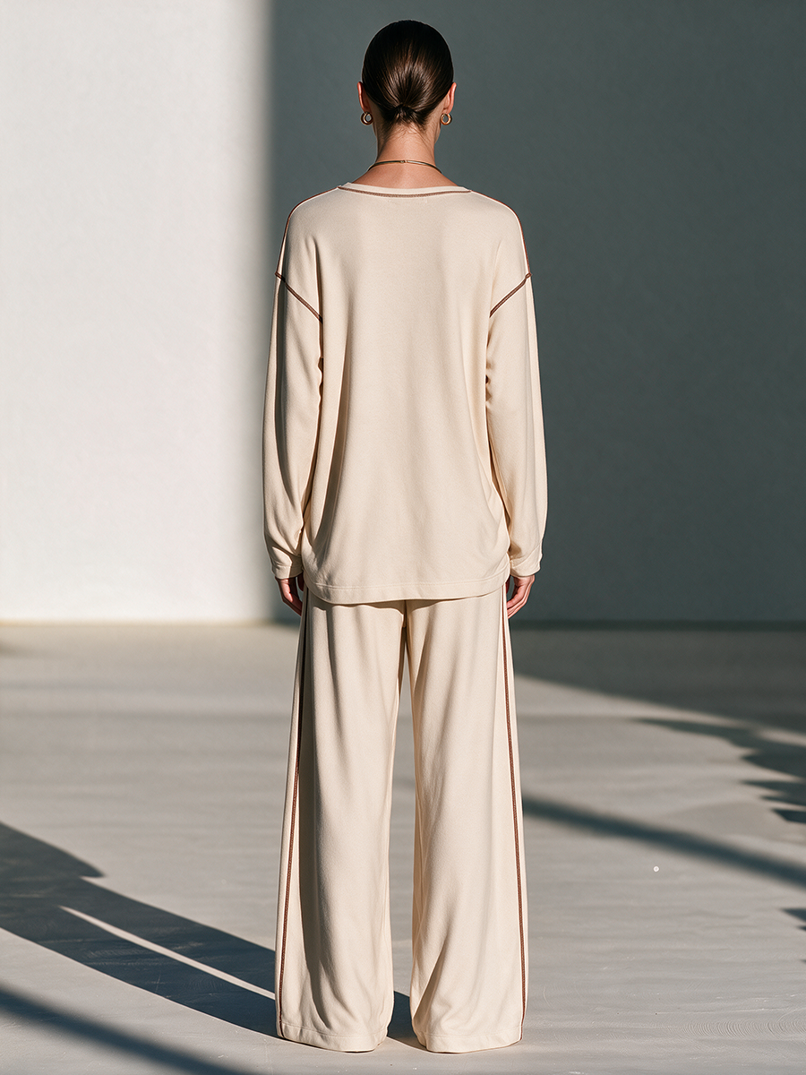 Women's Round-Neck Topstitch Drop-Shoulder Long-Sleeve Top And Drawstring Wide-Leg Pants Set MDZ0310I7CMX