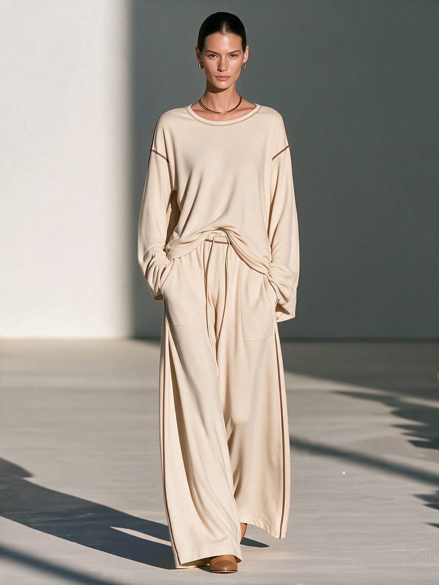 Women's Round-Neck Topstitch Drop-Shoulder Long-Sleeve Top And Drawstring Wide-Leg Pants Set MDZ0310I7CMX