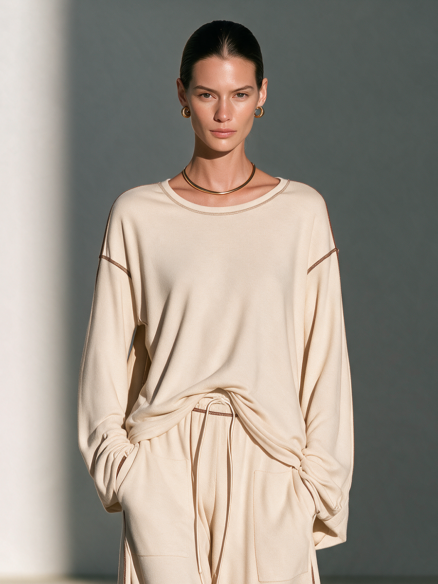Women's Round-Neck Topstitch Drop-Shoulder Long-Sleeve Top And Drawstring Wide-Leg Pants Set MDZ0310I7CMX