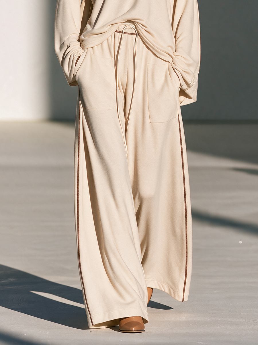 Women's Round-Neck Topstitch Drop-Shoulder Long-Sleeve Top And Drawstring Wide-Leg Pants Set MDZ0310I7CMX