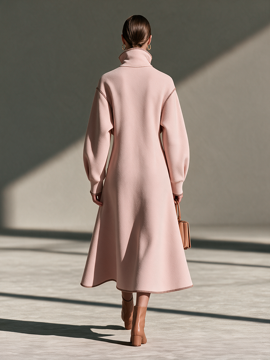 Women's Stand-Collar Contrast-Stitch Drop-Shoulder Long-Sleeve Patch-Pocket Wool Maxi Dress MDZ0351I7CMX