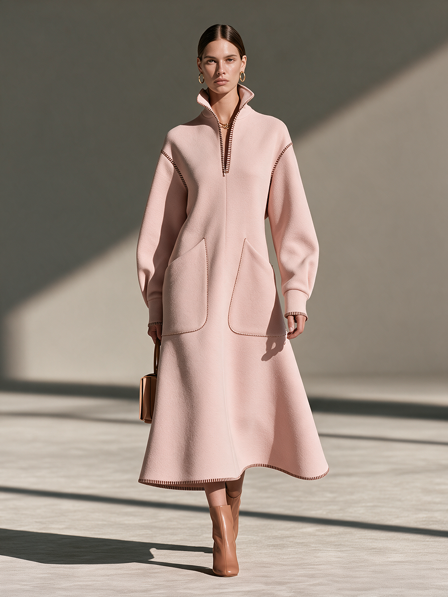 Women's Stand-Collar Contrast-Stitch Drop-Shoulder Long-Sleeve Patch-Pocket Wool Maxi Dress MDZ0351I7CMX