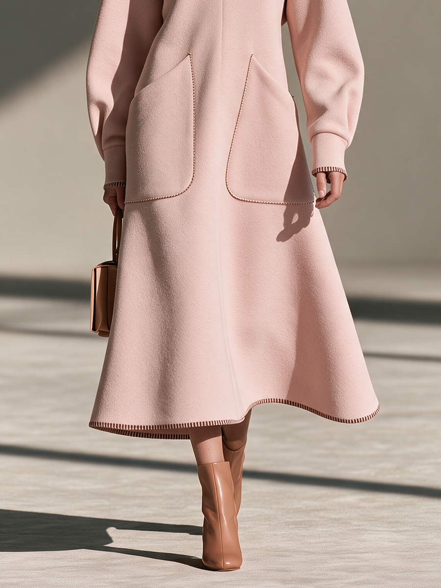 Women's Stand-Collar Contrast-Stitch Drop-Shoulder Long-Sleeve Patch-Pocket Wool Maxi Dress MDZ0351I7CMX