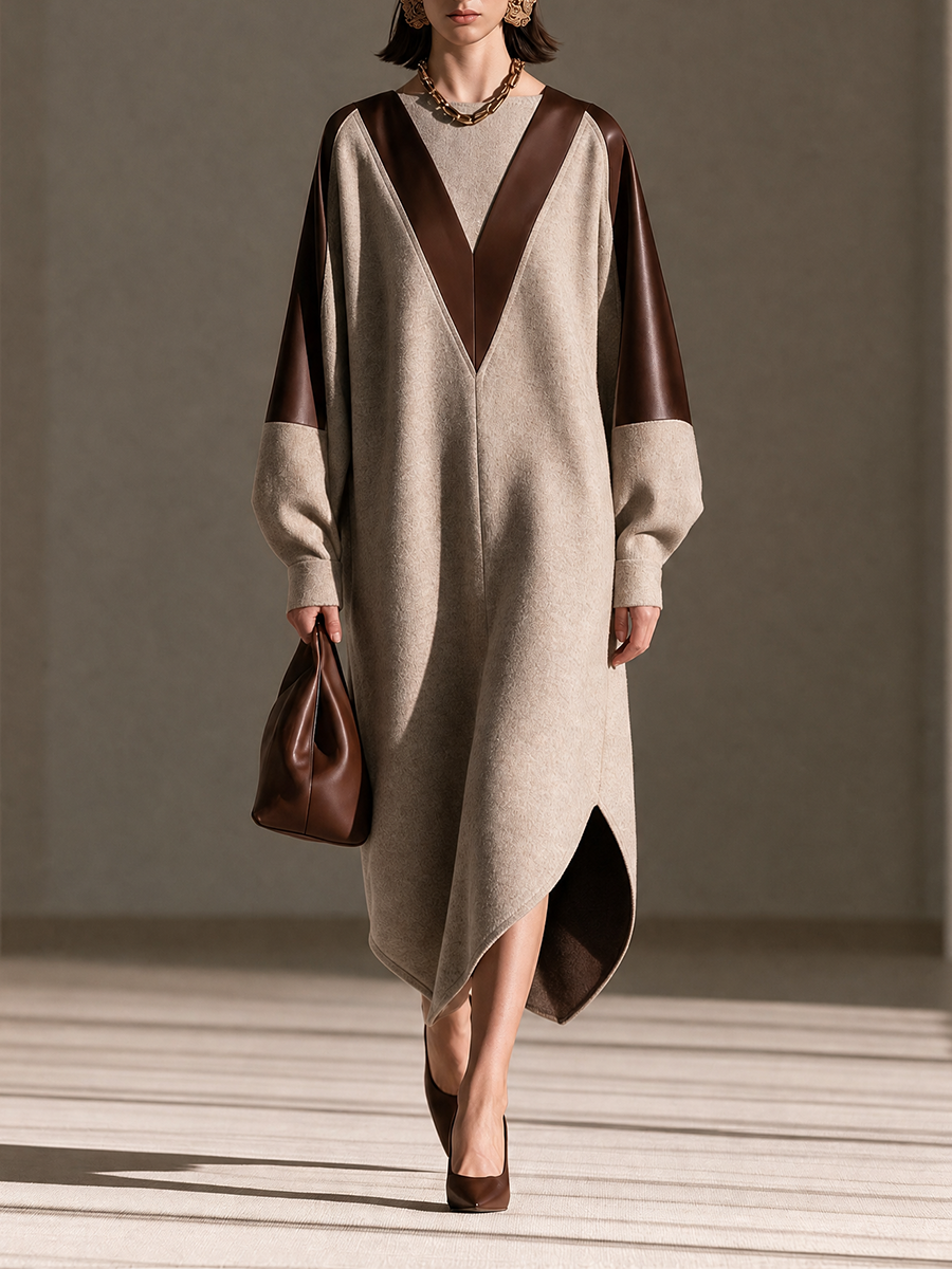 Women's Round-Neck Leather-Panel Drop-Shoulder Long-Sleeve Asymmetric-Hem Wool Maxi Dress MDZ3103H5CMX