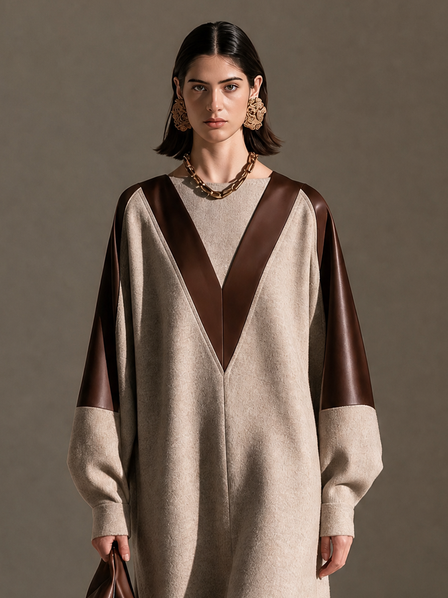 Women's Round-Neck Leather-Panel Drop-Shoulder Long-Sleeve Asymmetric-Hem Wool Maxi Dress MDZ3103H5CMX