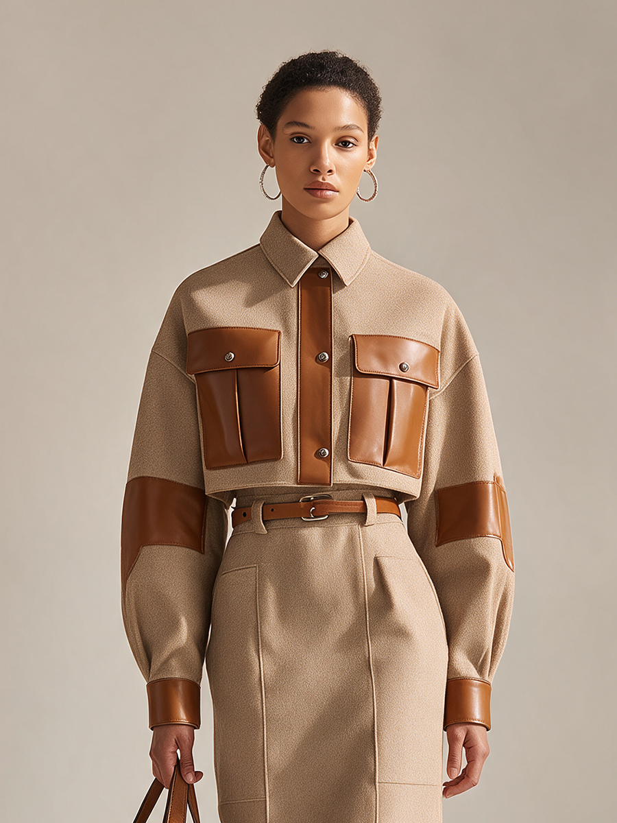 Women's Collared Leather-Panel Single-Breasted Drop-Shoulder Long-Sleeve Cropped Jacket And High-Waisted Skirt Set MDZ3137H8CMX
