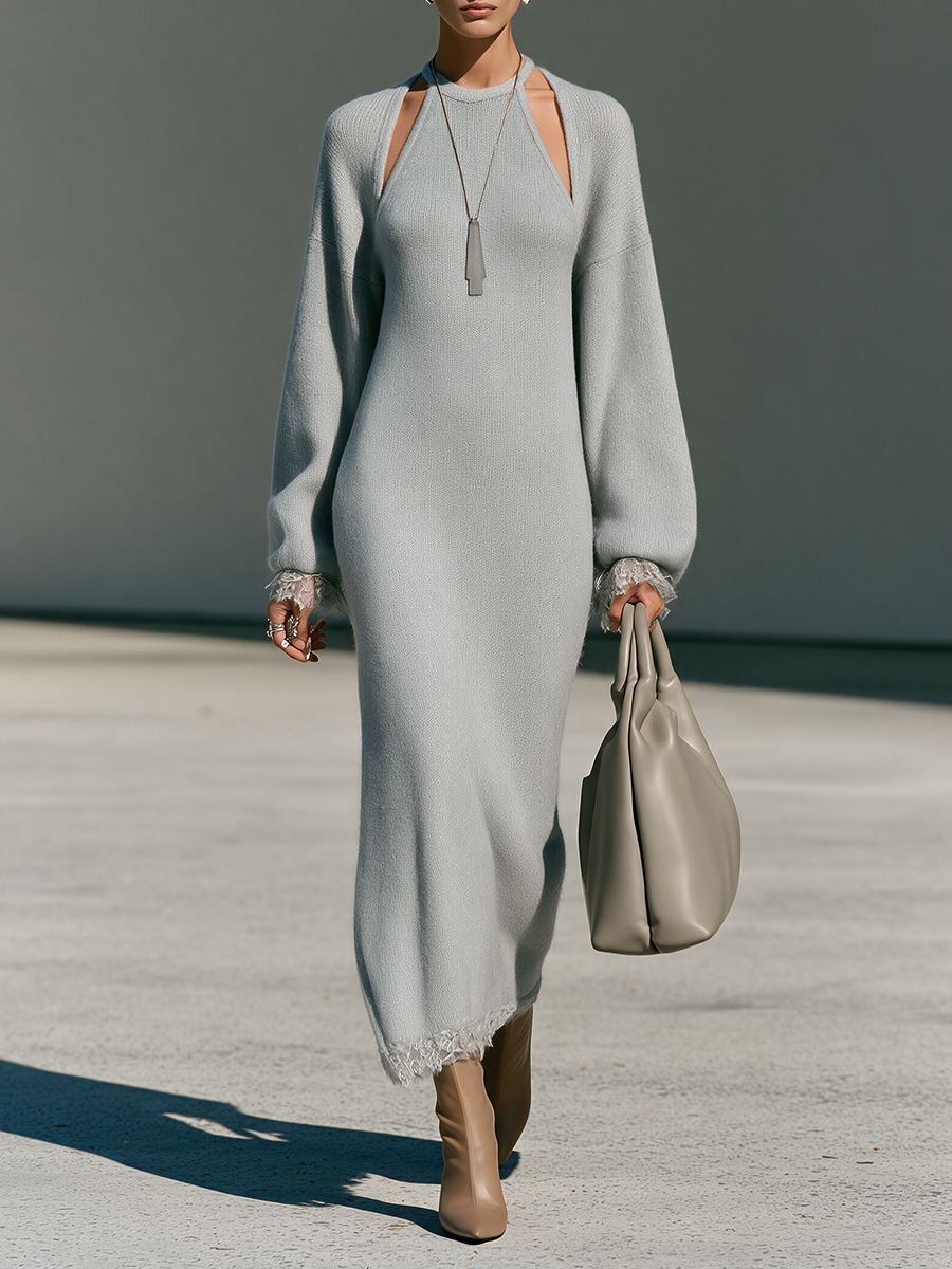 Women's Round-Neck Cutout Drop-Shoulder Balloon-Sleeve Lace-Trim Wool-Knit Maxi Dress MDZ0194I3CMX