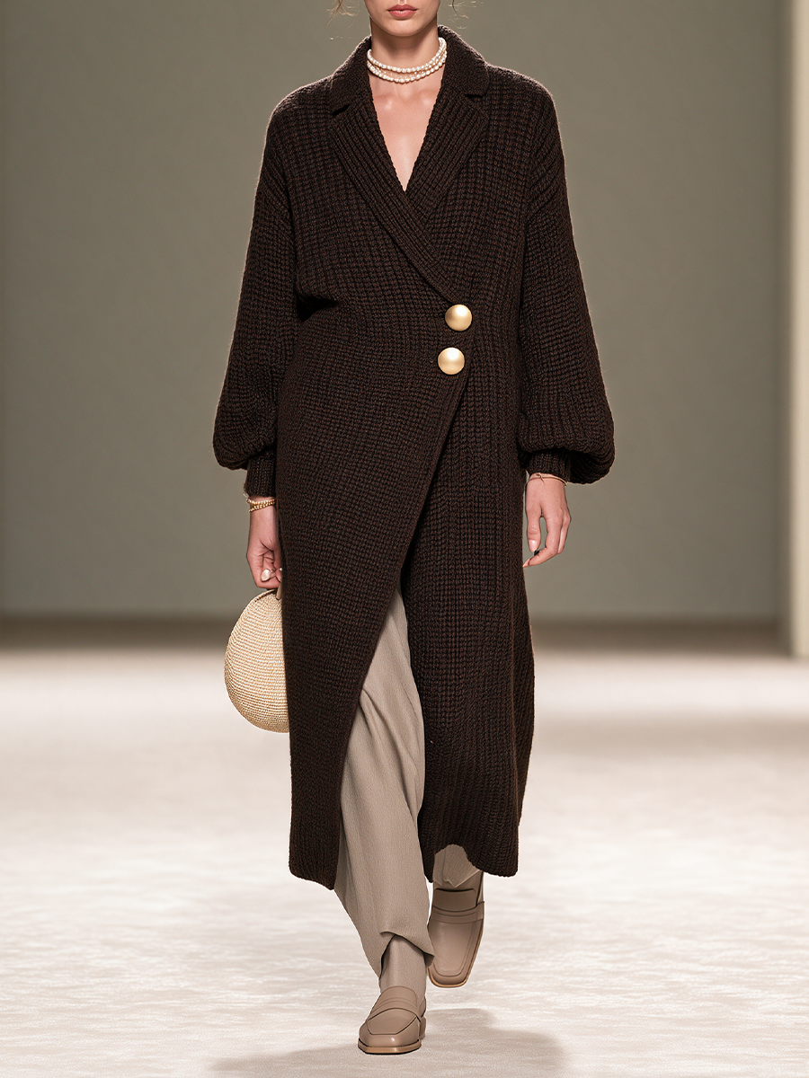 Women's Peak-Lapel Two-Button Drop-Shoulder Balloon-Sleeve Wool-Knit Long Coat MDZ0170I0CMX