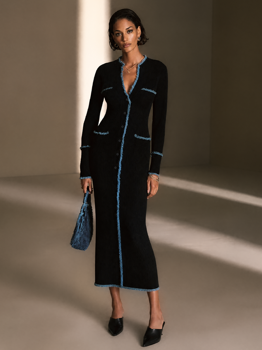 Women's Contrast Frayed Elegant V-Neck Maxi Dress MDZ0335I4GMJ