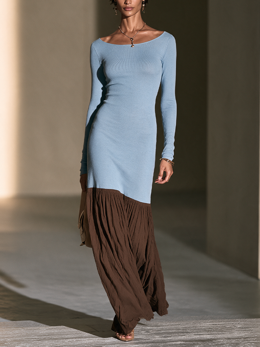 Women's Color-Block Elegant Boat Neck Maxi Dress MDZ0303I6GMJ