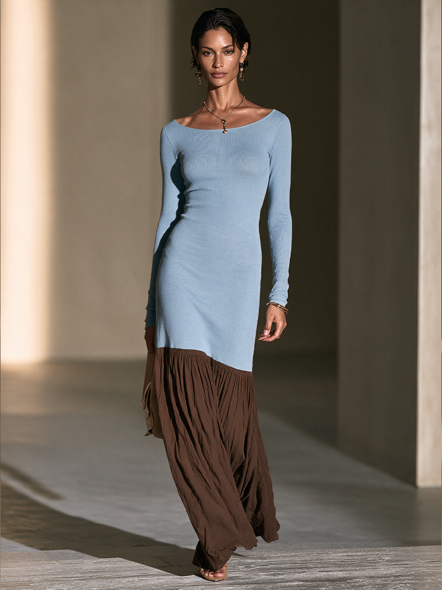 Women's Color-Block Elegant Boat Neck Maxi Dress MDZ0303I6GMJ
