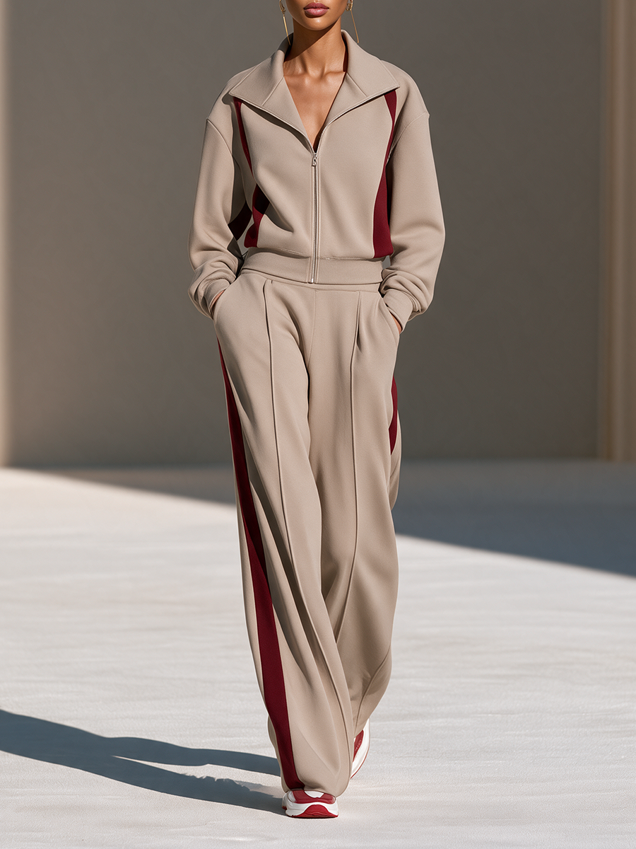 Women's Collared Zip Contrast-Stripe Drop-Shoulder Long-Sleeve Top And Wide-Leg Pants Sporty Set MDZ0182I7CMX