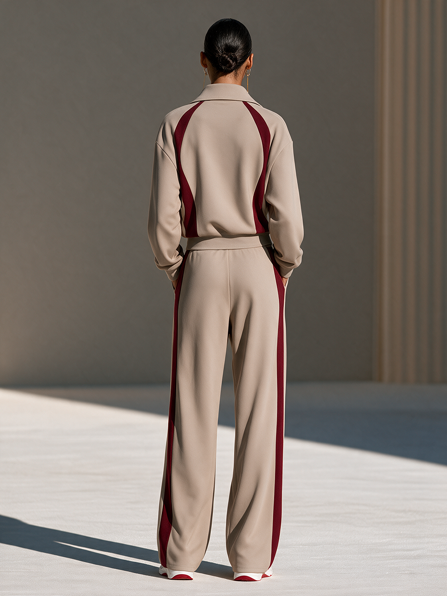 Women's Collared Zip Contrast-Stripe Drop-Shoulder Long-Sleeve Top And Wide-Leg Pants Sporty Set MDZ0182I7CMX