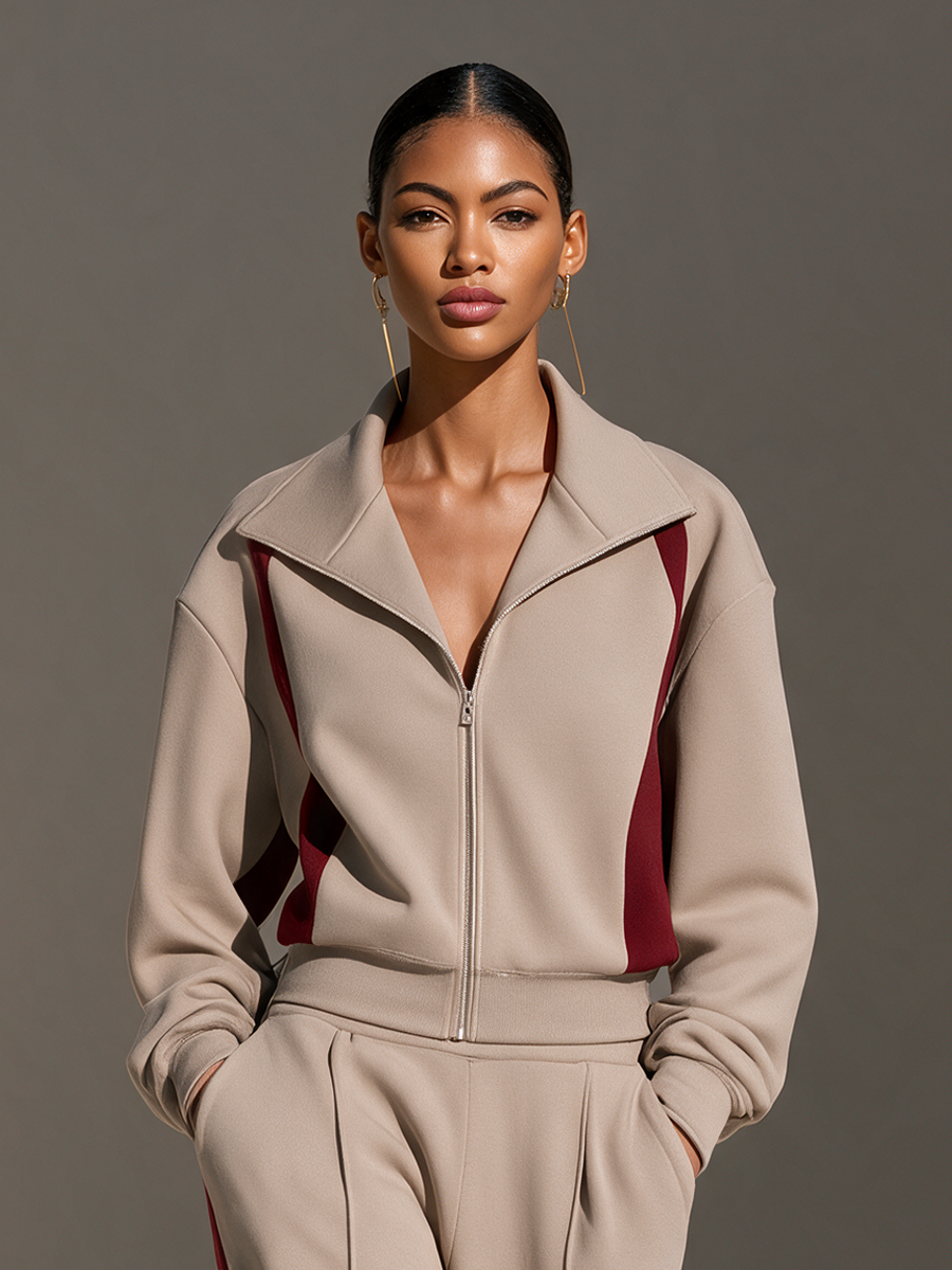 Women's Collared Zip Contrast-Stripe Drop-Shoulder Long-Sleeve Top And Wide-Leg Pants Sporty Set MDZ0182I7CMX