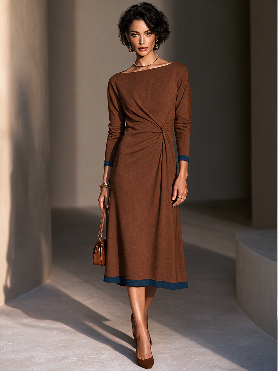 Women's Twist Knot Contrast Elegant Boat Neck Midi Dress MDZ0330I7GMJ