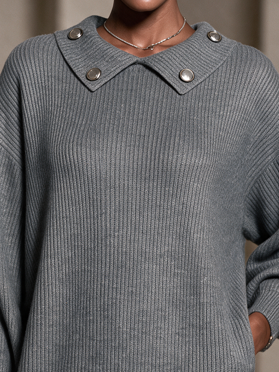 Women's Button Detail Casual Knit Lapel Mini Dress MDZ0314I6GMJ