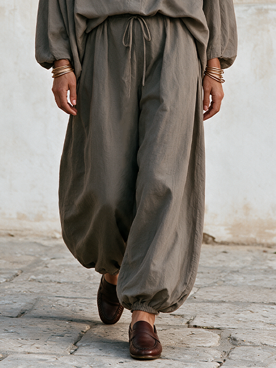 Women's Gathered Lantern Sleeve Casual Wide-Leg Pants Set MDZ0326I8GMJ